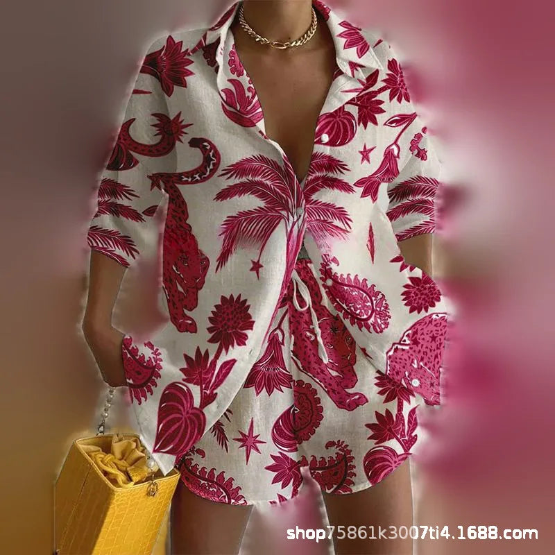 Summer Vacation Print Casual Two-piece Set Women Spring Lapel Shirt&Shorts Outfit Female 3/4 Sleeve Loose Suit Women's Clothing