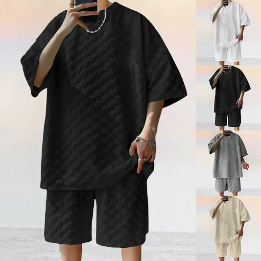 Men's Summer Chessboard Plaid Loose Two-Piece Set
