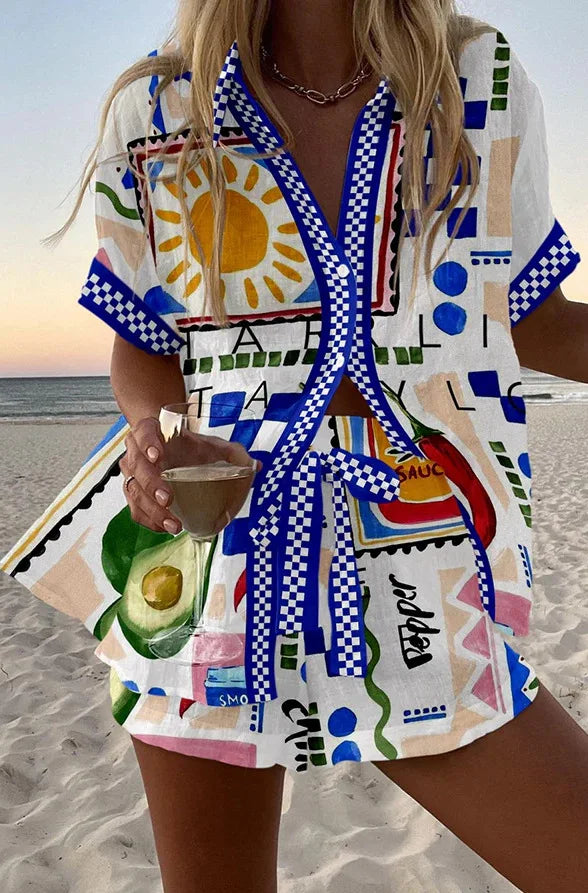 2025 New Style Vacation Cruise Set, Two Piece Set, Digital Print, Tropical Printed Necklace Shirt+Wide Leg Pants Women's Wear