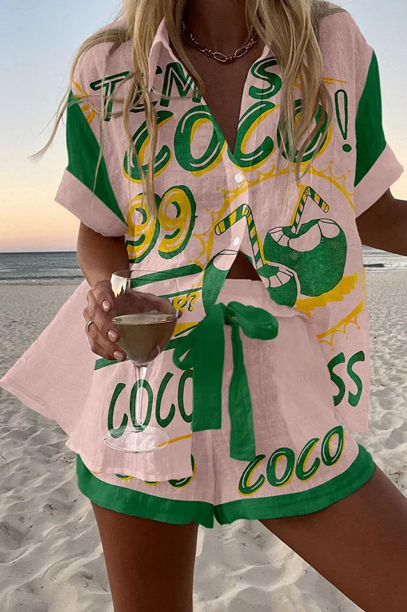 2025 New Style Vacation Cruise Set, Two Piece Set, Digital Print, Tropical Printed Necklace Shirt+Wide Leg Pants Women's Wear