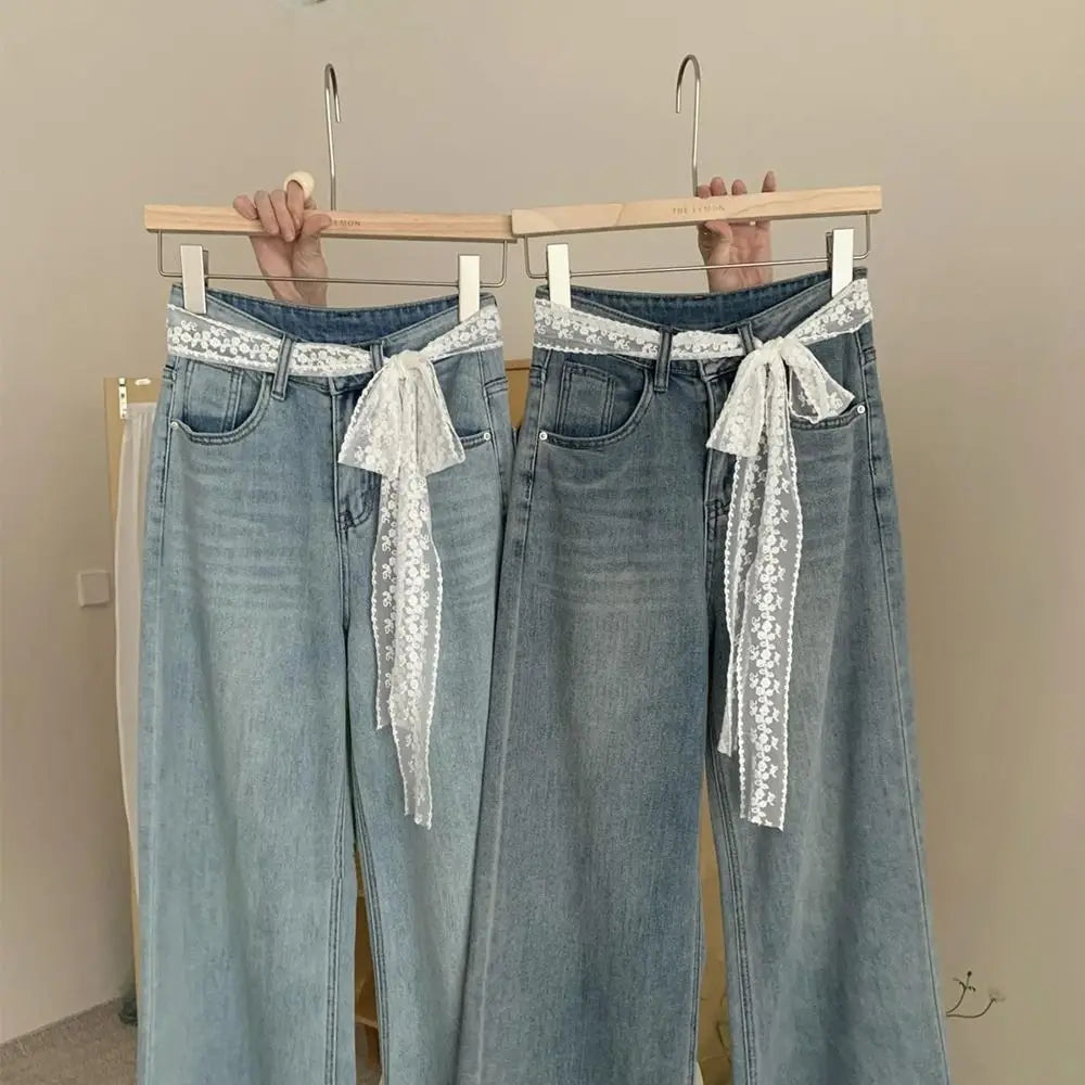 Unique Y2k Long Lace Waistband Floral Bow Lace Waist Belt Tie Up Thin Dress Jeans Belt Summer