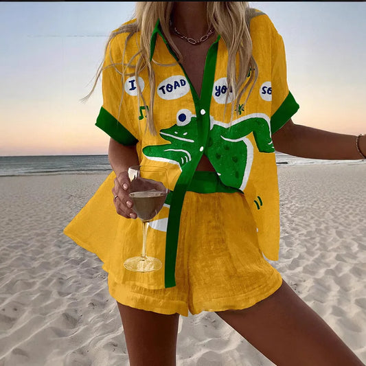 2025 New Style Vacation Cruise Set, Two Piece Set, Digital Print, Tropical Printed Necklace Shirt+Wide Leg Pants Women's Wear