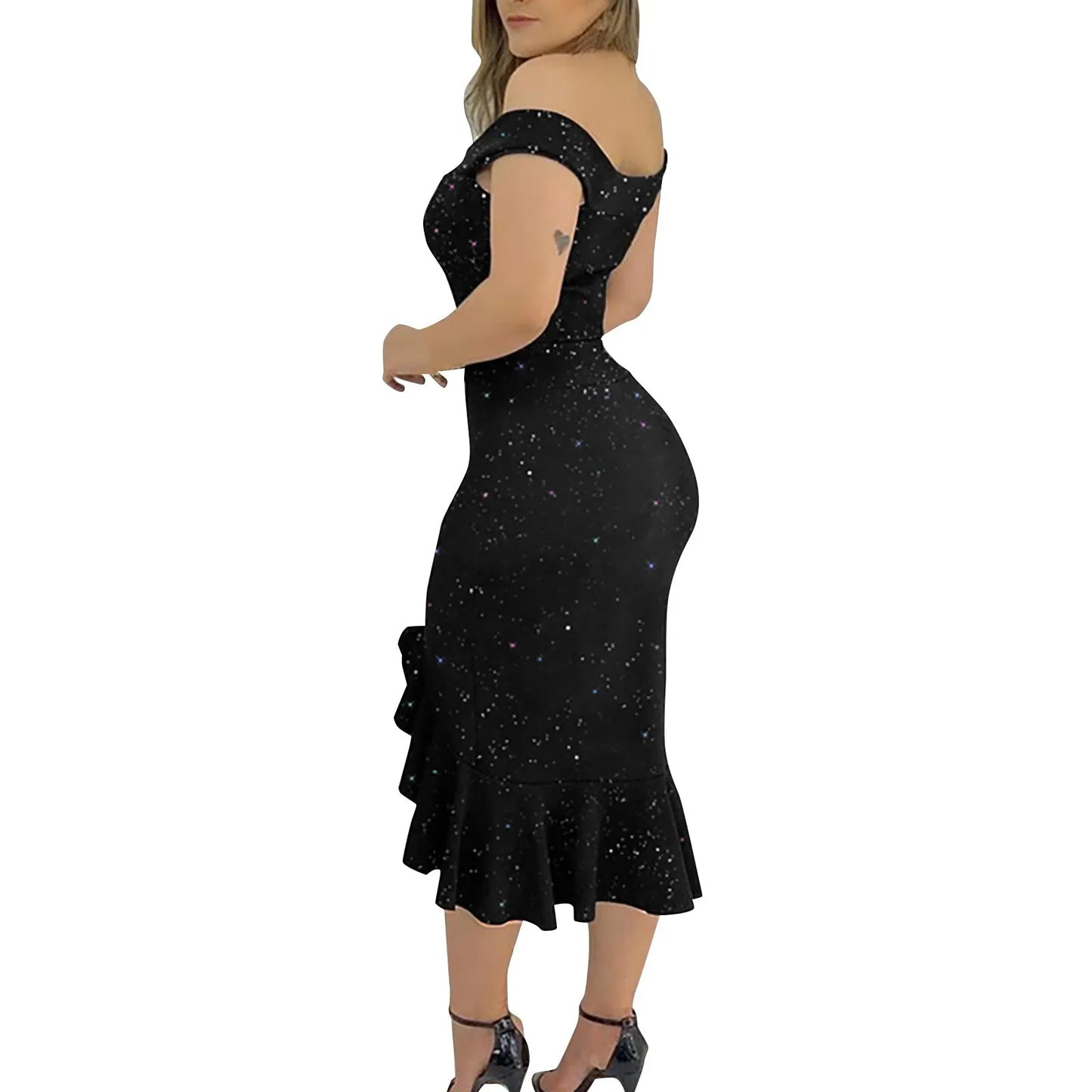 Women's Off Shoulder Sequin Ruffle Dress